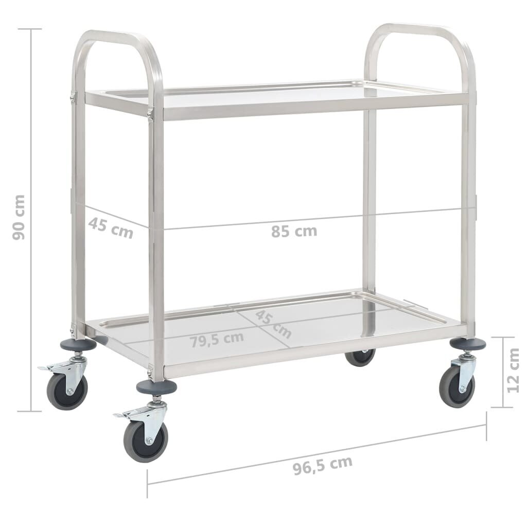 vidaXL virtuves ratiņi, 2 plaukti, 107x55x90 cm, nerūsējošs tērauds cena un informācija | Virtuves galdi, ēdamgaldi | 220.lv