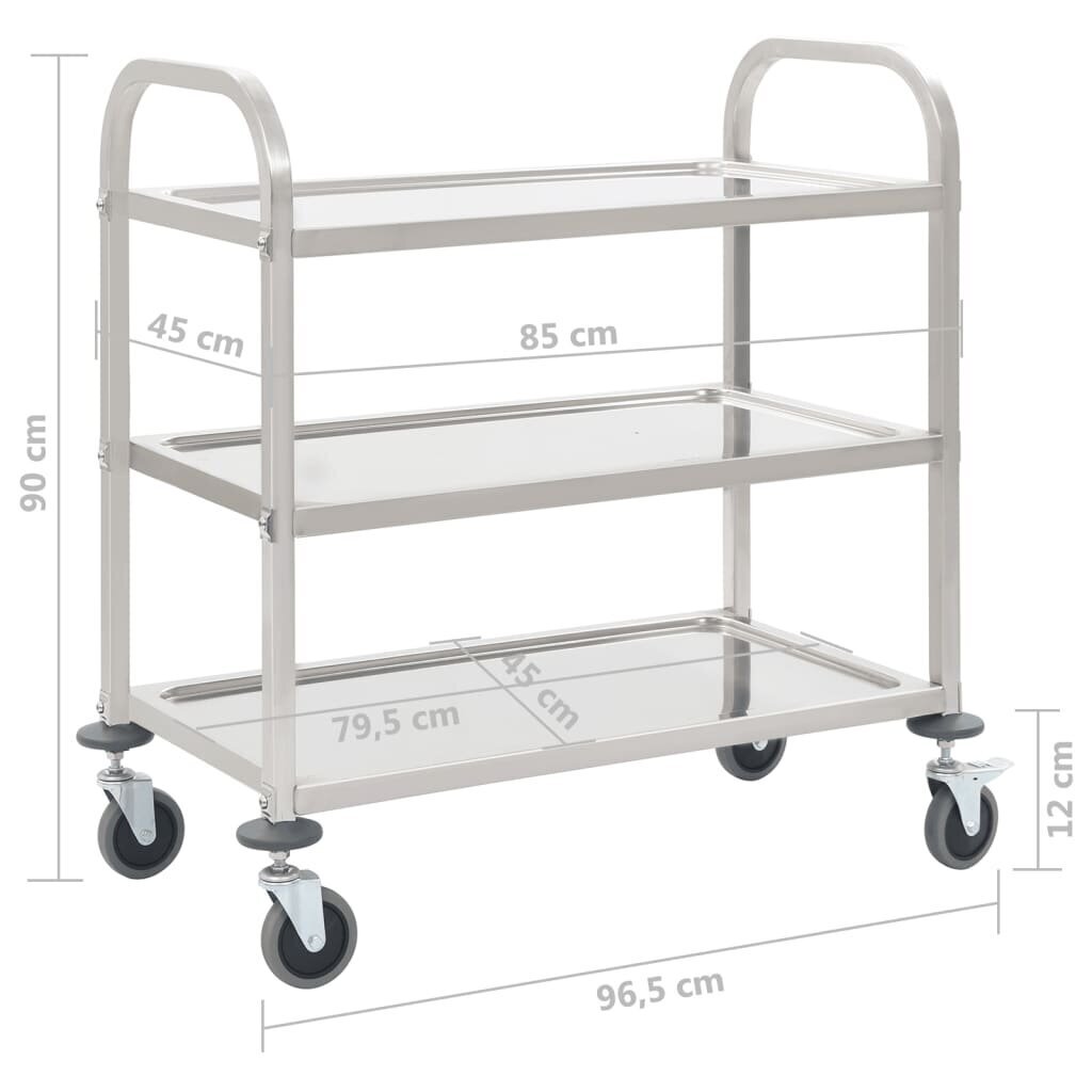 vidaXL virtuves ratiņi, 3 plaukti, 107x55x90 cm, nerūsējošs tērauds cena un informācija | Virtuves galdi, ēdamgaldi | 220.lv