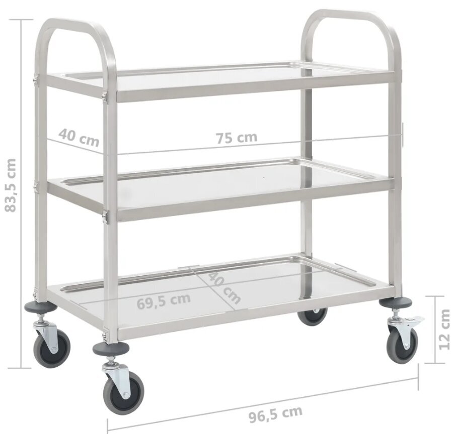 vidaXL virtuves ratiņi, 3 plaukti, 87x45x83,5 cm, nerūsējošs tērauds cena un informācija | Virtuves galdi, ēdamgaldi | 220.lv