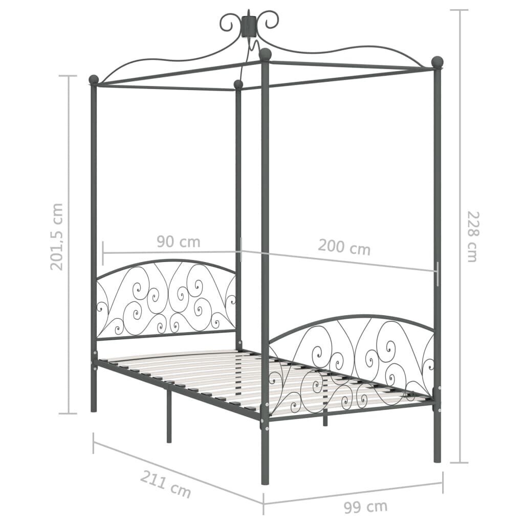 vidaXL gultas rāmis ar nojumi, pelēks, metāls, 90x200 cm cena un informācija | Gultas | 220.lv