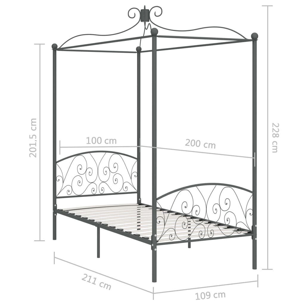 vidaXL gultas rāmis ar nojumi, pelēks, metāls, 100x200 cm cena un informācija | Gultas | 220.lv