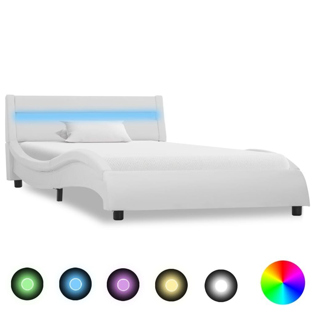 vidaXL gultas rāmis ar LED, balta mākslīgā āda, 90x200 cm cena un informācija | Gultas | 220.lv
