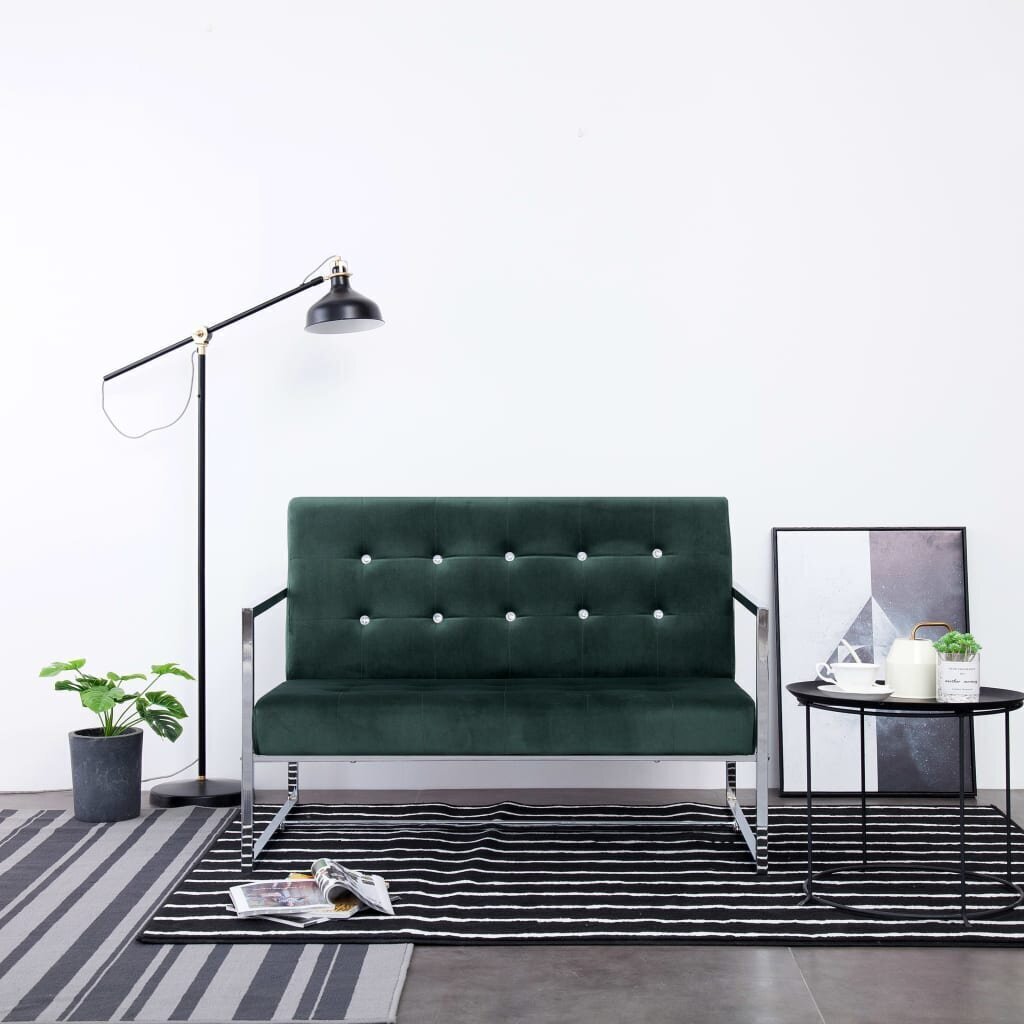 vidaXL divvietīgs dīvāns ar roku balstiem, hroms, tumši zaļš samts cena un informācija | Dīvāni | 220.lv