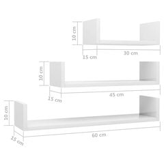 vidaXL sienas plaukti, 3 gab., spīdīgi balti, skaidu plāksne cena un informācija | Plaukti | 220.lv