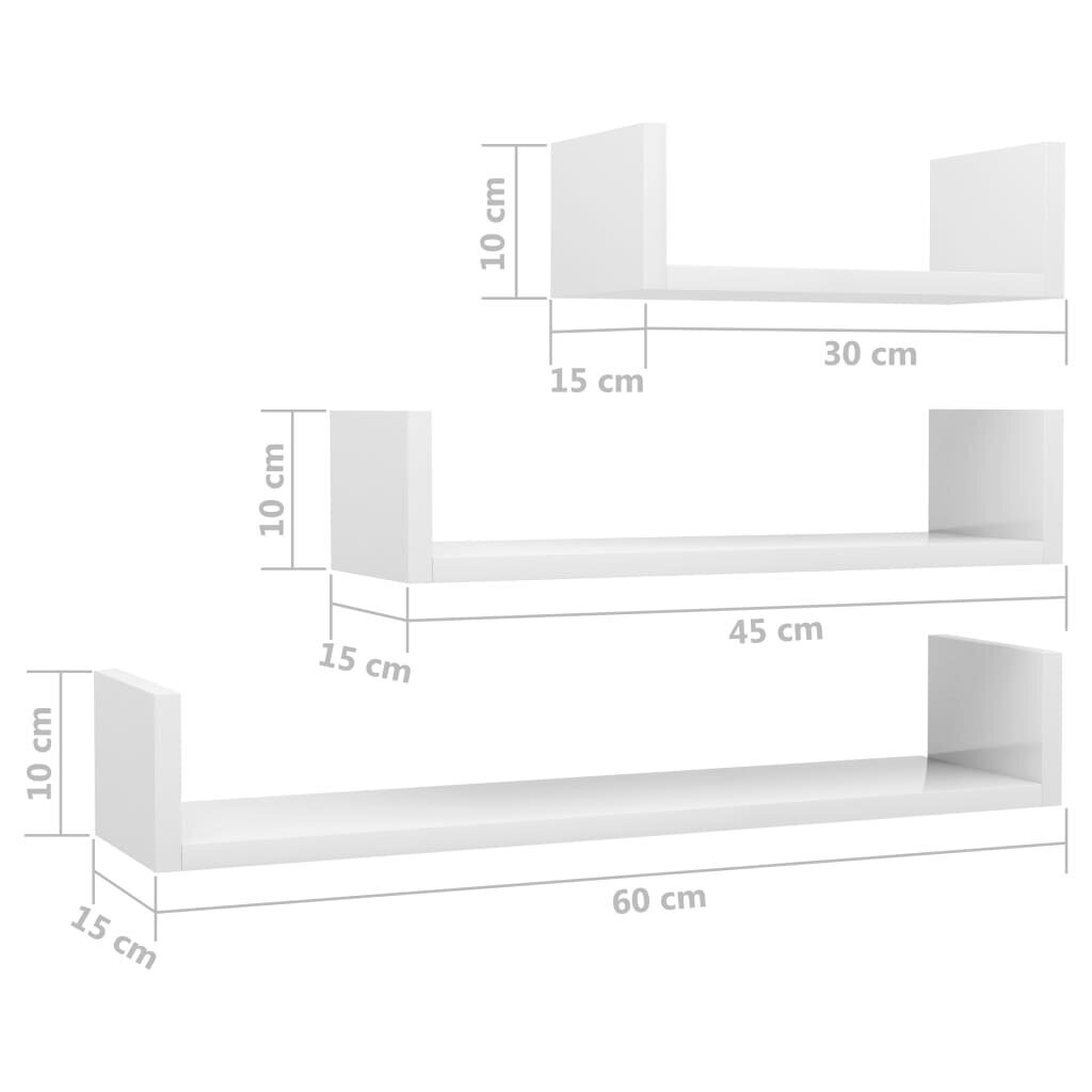 vidaXL sienas plaukti, 3 gab., spīdīgi balti, skaidu plāksne cena un informācija | Plaukti | 220.lv