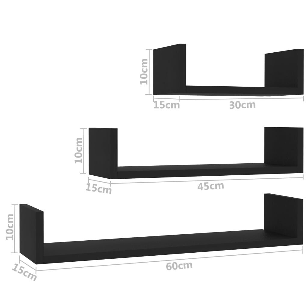 vidaXL sienas plaukti, 3 gab., melni, skaidu plāksne cena un informācija | Plaukti | 220.lv