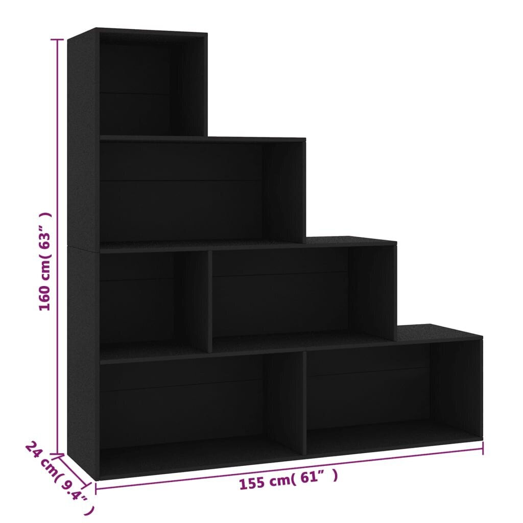 vidaXL grāmatu plaukts, melns, 155x24x160 cm, skaidu plāksne cena un informācija | Plaukti | 220.lv