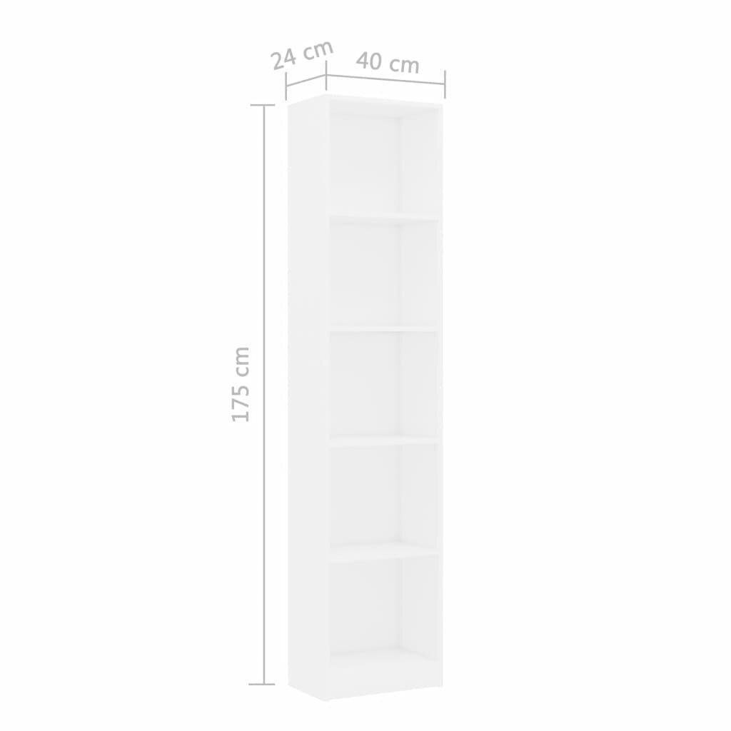vidaXL 5-līmeņu grāmatu plaukts, balts, 40x24x175 cm, skaidu plāksne cena un informācija | Plaukti | 220.lv