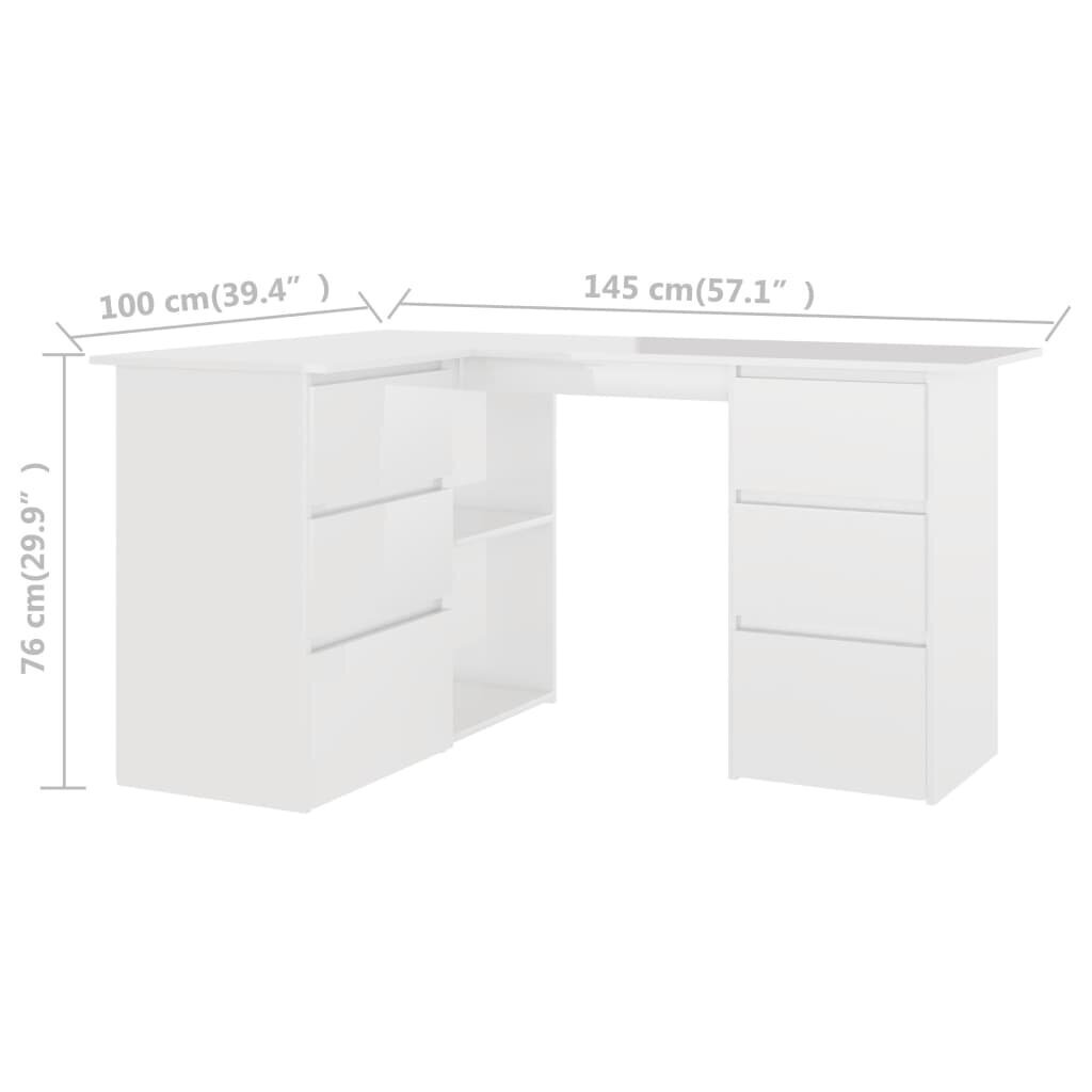 vidaXL stūra rakstāmgalds, spīdīgi balts, 145x100x76cm, skaidu plāksne cena un informācija | Datorgaldi, rakstāmgaldi, biroja galdi | 220.lv