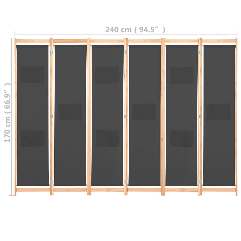 vidaXL 6-paneļu istabas aizslietnis, 240x170x4 cm, pelēks audums cena un informācija | Aizslietņi | 220.lv