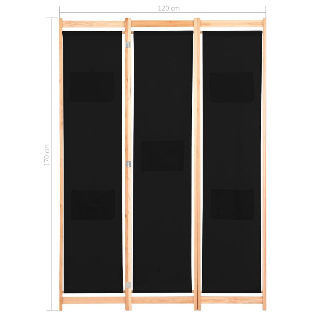 vidaXL 3-paneļu istabas aizslietnis, 120x170x4 cm, melns audums цена и информация | Aizslietņi | 220.lv