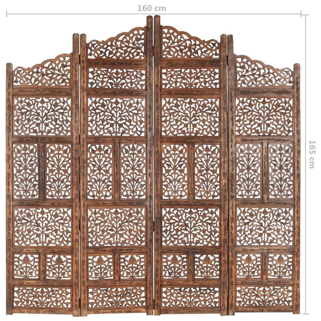 vidaXL 4-paneļu aizslietnis ar kokgriezumiem, brūns, 160x165 cm, mango цена и информация | Aizslietņi | 220.lv