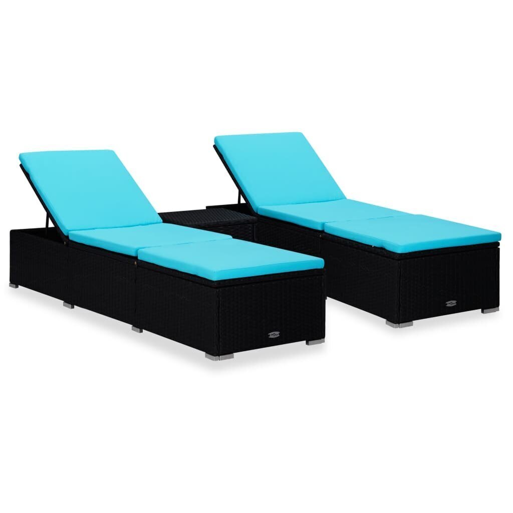 vidaXL 2 sauļošanās zviļņi ar galdiņu, melna PE rotangpalma cena un informācija | Sauļošanās krēsli | 220.lv