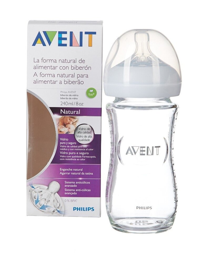 Стеклянная бутылочка для кормления AVENT Natural 240 мл, 1M+ цена | 220.lv