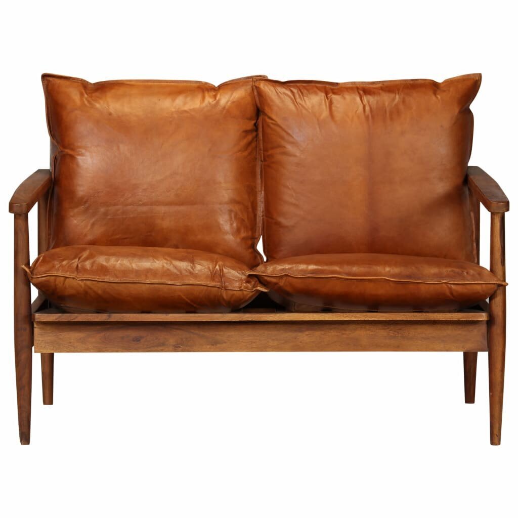 vidaXL divvietīgs dīvāns, brūns, dabīgā āda, akācijas koks cena un informācija | Dīvāni | 220.lv