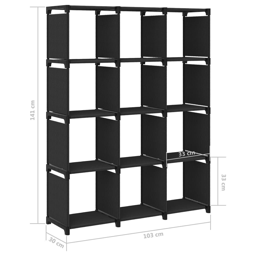 vidaXL plaukts, 12 kubveida nodalījumi, 103x30x141 cm, melns, audums cena un informācija | Plaukti | 220.lv