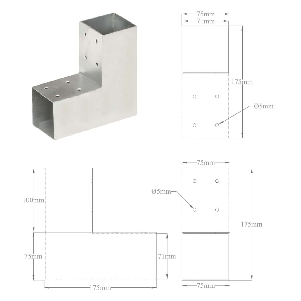 vidaXL stabu savienotājs, L forma, cinkots metāls, 71x71 mm cena un informācija | Žogi un piederumi | 220.lv