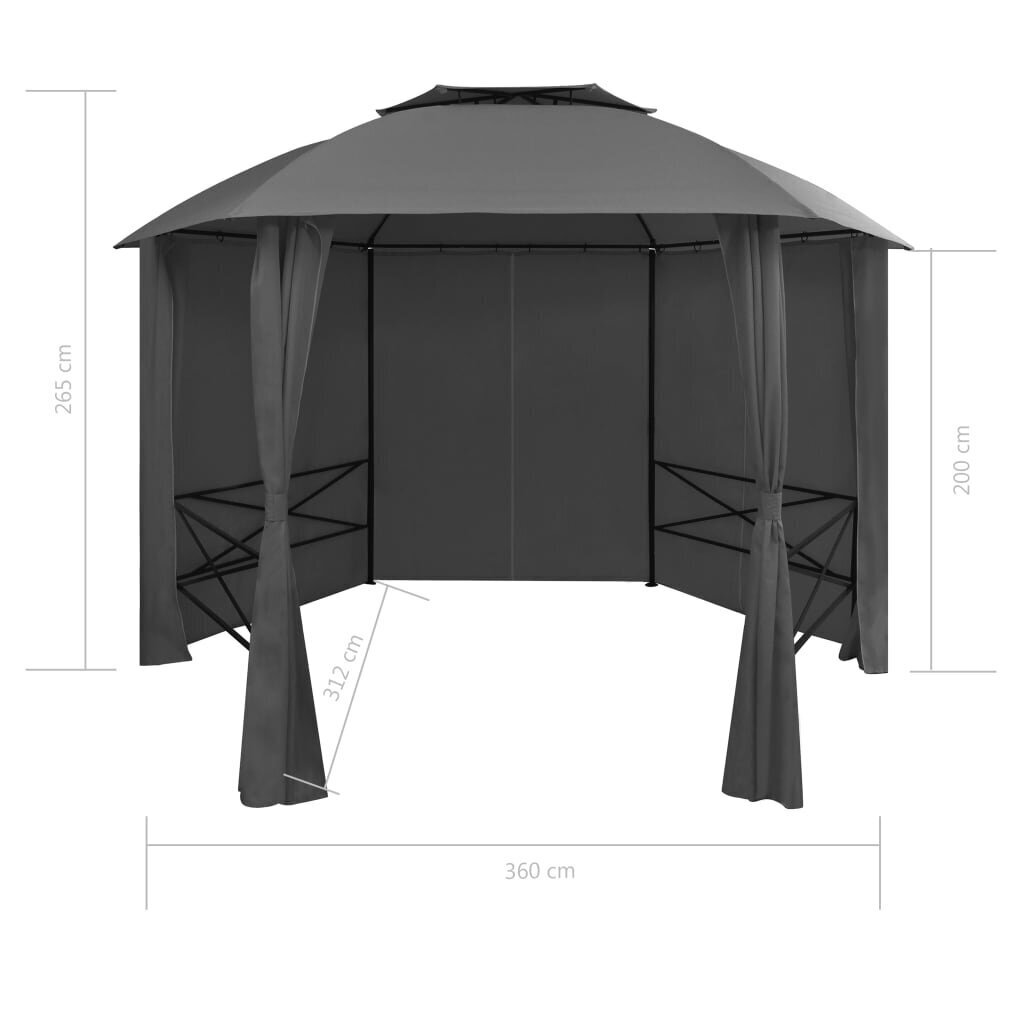 vidaXL dārza nojume, telts ar aizkariem, 360x265 cm, sešstūraina cena un informācija | Dārza nojumes un lapenes | 220.lv