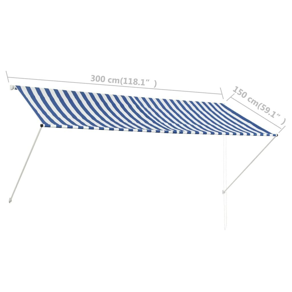 vidaXL markīze, 300x150 cm, sarullējama, zila ar baltu cena un informācija | Saulessargi, markīzes un statīvi | 220.lv