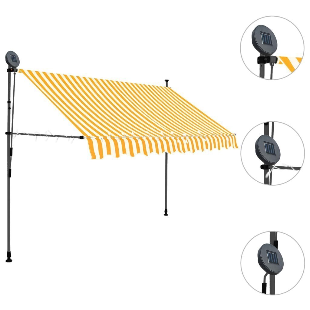 vidaXL izvelkama markīze ar LED, manuāla, 250 cm, balta un oranža cena un informācija | Saulessargi, markīzes un statīvi | 220.lv