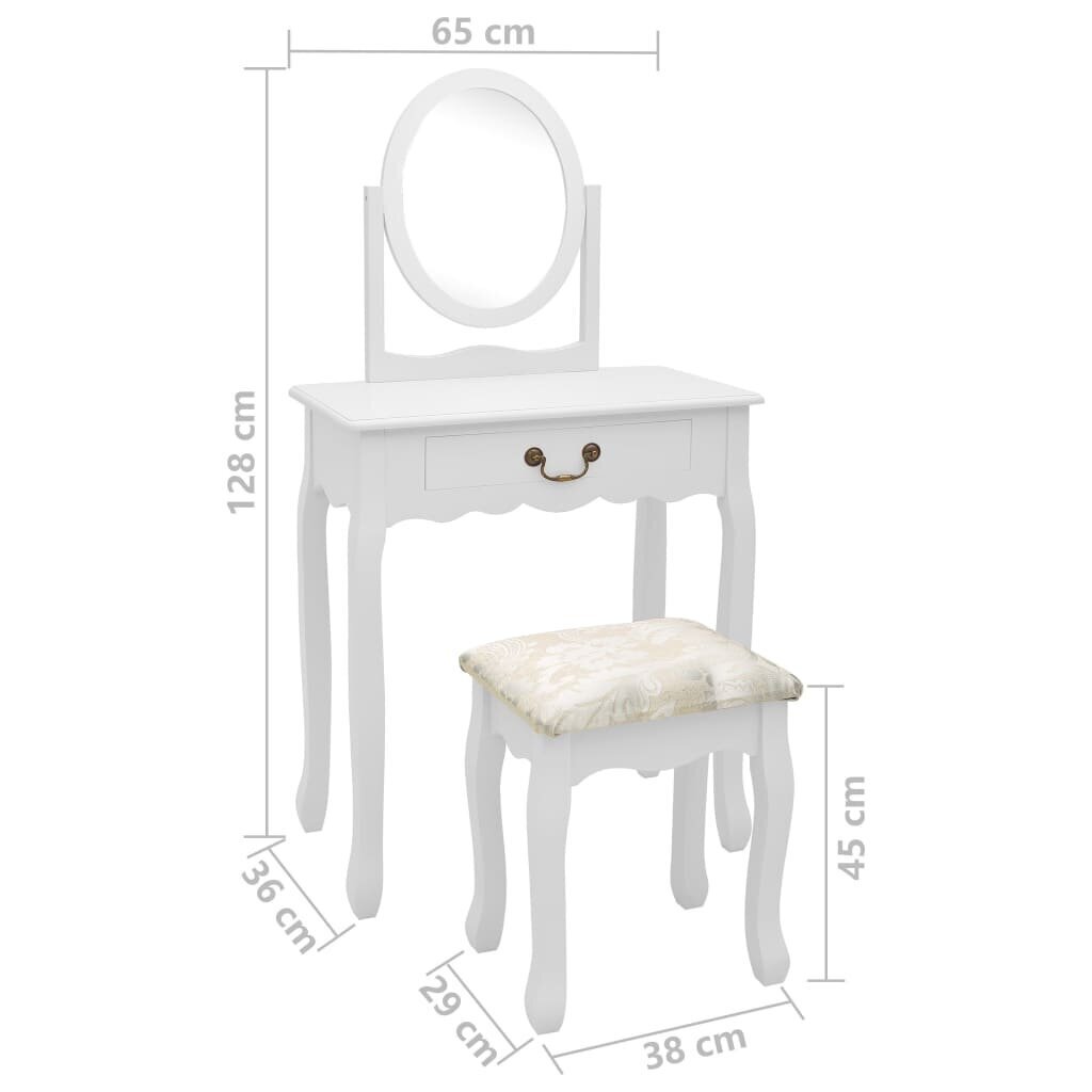 vidaXL spoguļgaldiņš ar tabureti, balts, 65x36x128 cm, paulonijas koks cena un informācija | Kosmētikas galdiņi | 220.lv