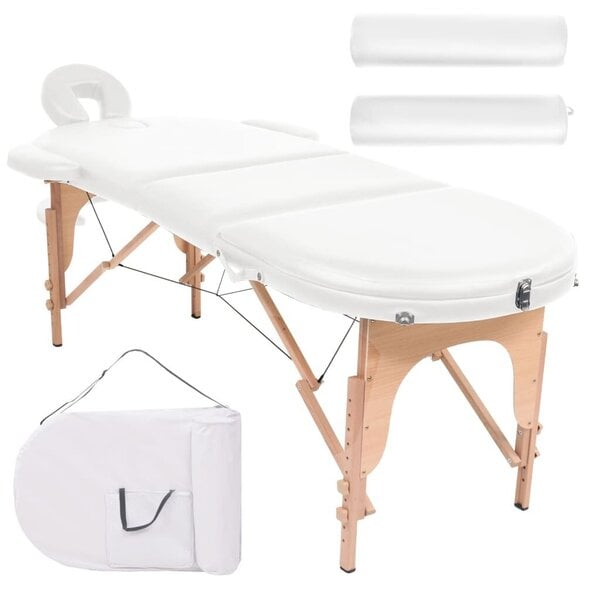 vidaXL masāžas galds, saliekams, ovāls, 2 balsti, 4 cm, balts cena | 220.lv