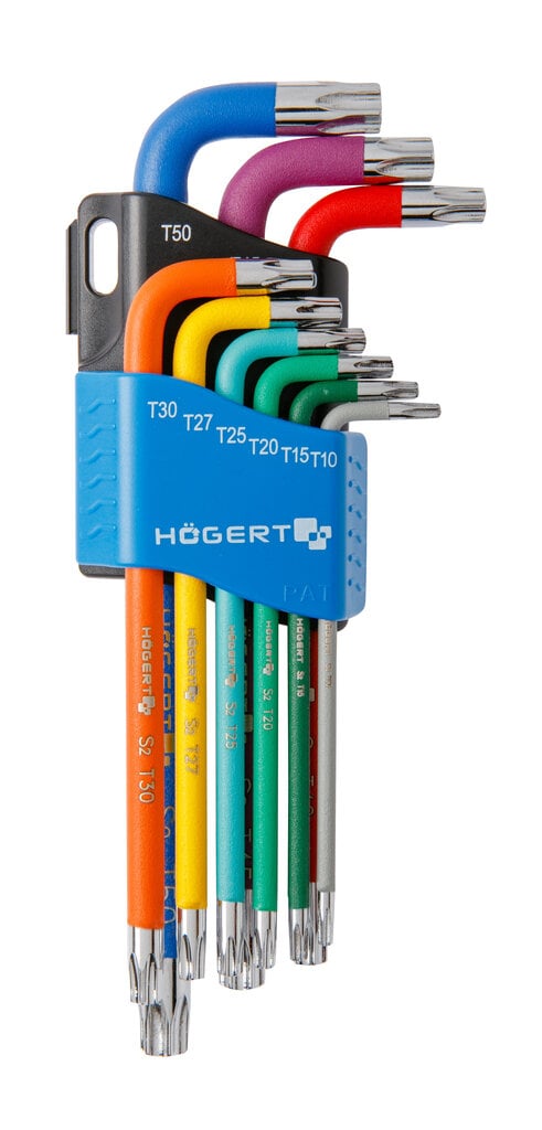 L veida pagar. TORX uzgriežņu atslēgu komplekts ar krāsu marķējumu, T10-T50, 9 gab. HOEGERT цена и информация | Rokas instrumenti | 220.lv