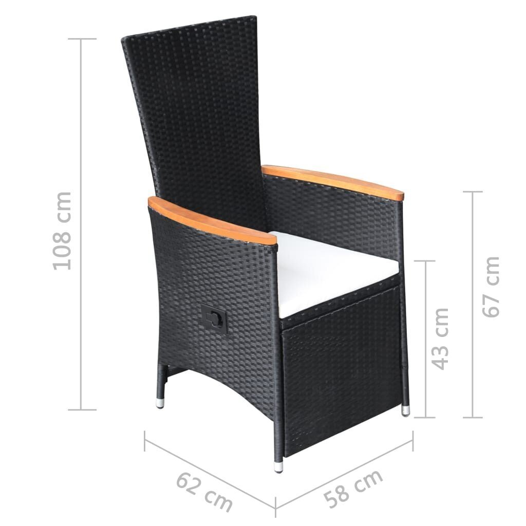 vidaXL atgāžami dārza krēsli, 2 gab., matrači, melna PE rotangpalma цена и информация | Dārza krēsli | 220.lv