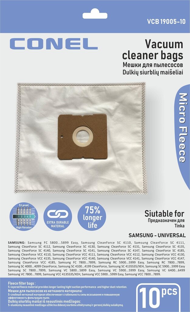 Putekļsūcēju maisiņi Conel, piemēroti putekļsūcējiem Samsung Universal, 10 gab. cena un informācija | Putekļu sūcēju piederumi | 220.lv