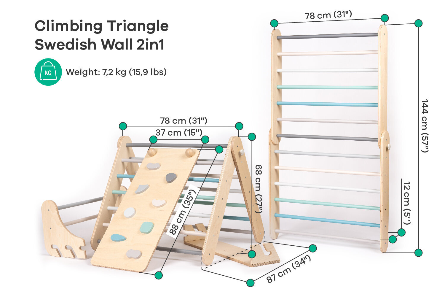 Koka kāpšanas trijstūris un zviedru siena - divi vienā, pasteļtoņos цена и информация | Slidkalniņi, kāpšanas konstruktori | 220.lv