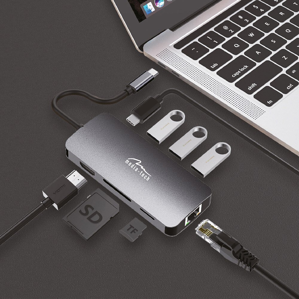 Adapteris Media-Tech MT5044, USB-C/USB-A/HDMI/RJ-45/micro SD цена и информация | Adapteri un USB centrmezgli | 220.lv
