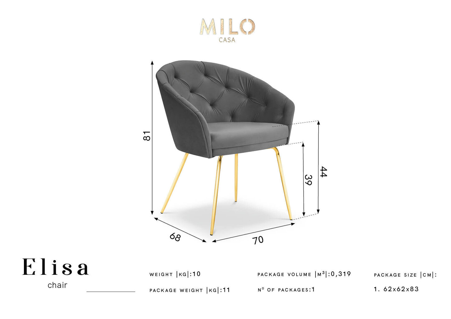 Krēsls Milo Casa Elisa, dzeltenas/zeltainas krāsas cena un informācija | Virtuves un ēdamistabas krēsli | 220.lv