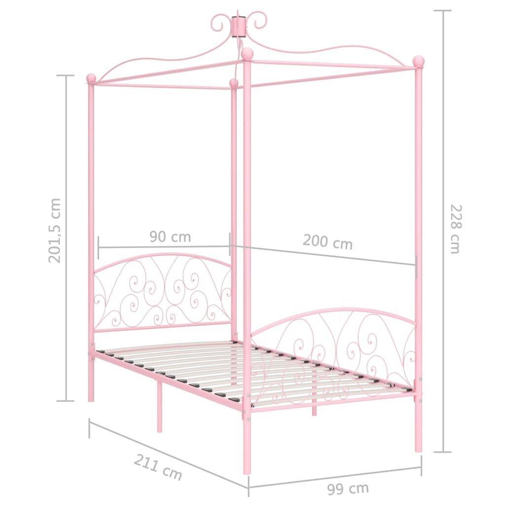 vidaXL gultas rāmis ar nojumi, rozā, metāls, 90x200 cm цена и информация | Gultas | 220.lv