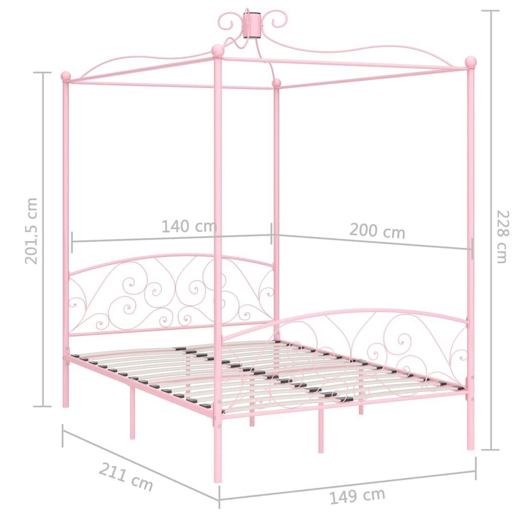 vidaXL gultas rāmis ar nojumi, rozā, metāls, 140x200 cm cena un informācija | Gultas | 220.lv