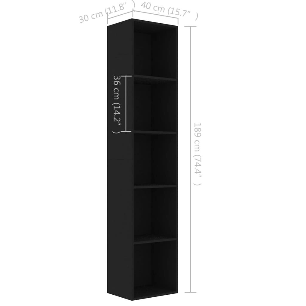 vidaXL grāmatu plaukts, melns, 40x30x189 cm, skaidu plāksne cena un informācija | Plaukti | 220.lv