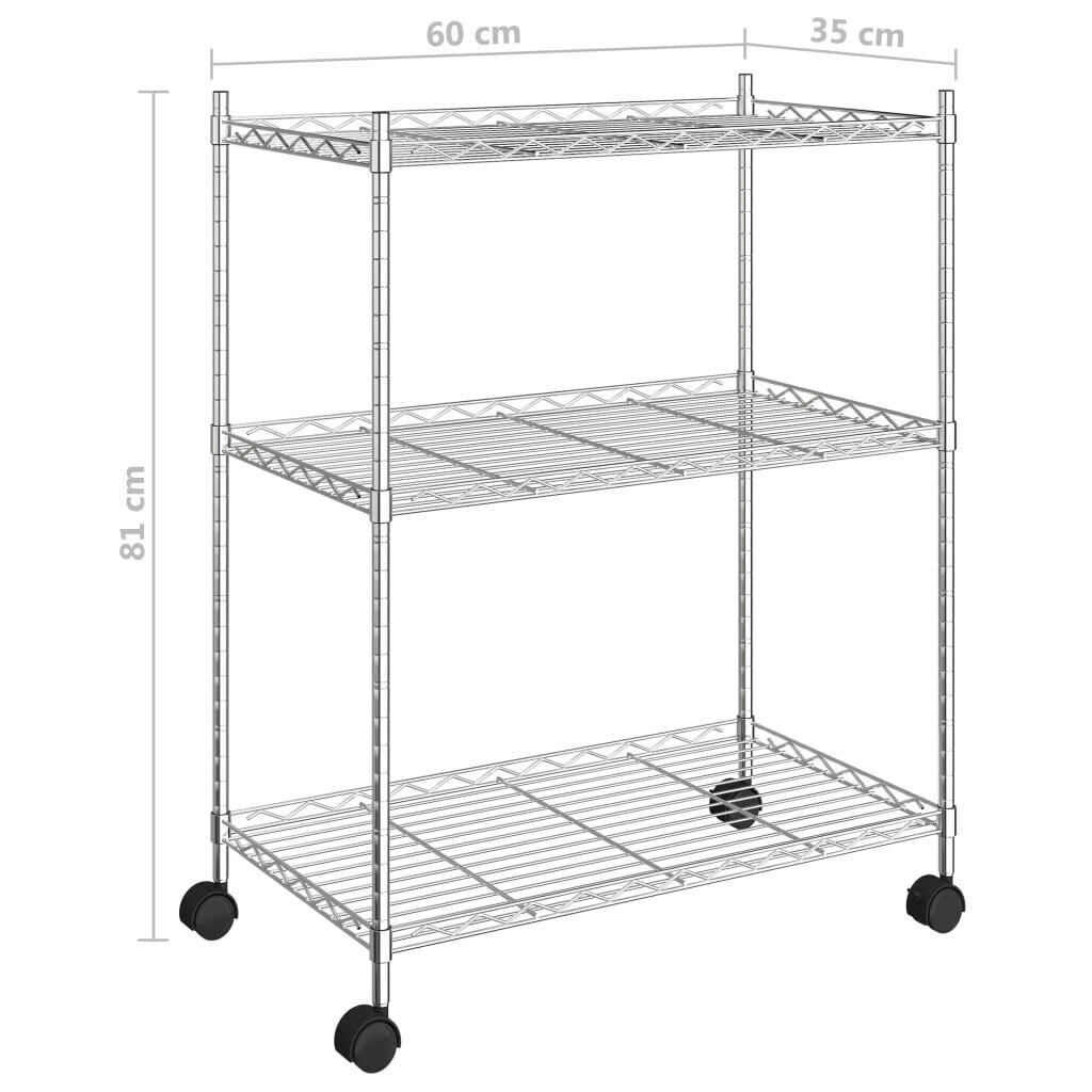 vidaXL 3 līmeņu glabāšanas plaukts ar riteņiem, 60x35x81 cm, hromēts cena un informācija | Saimniecības plaukti | 220.lv