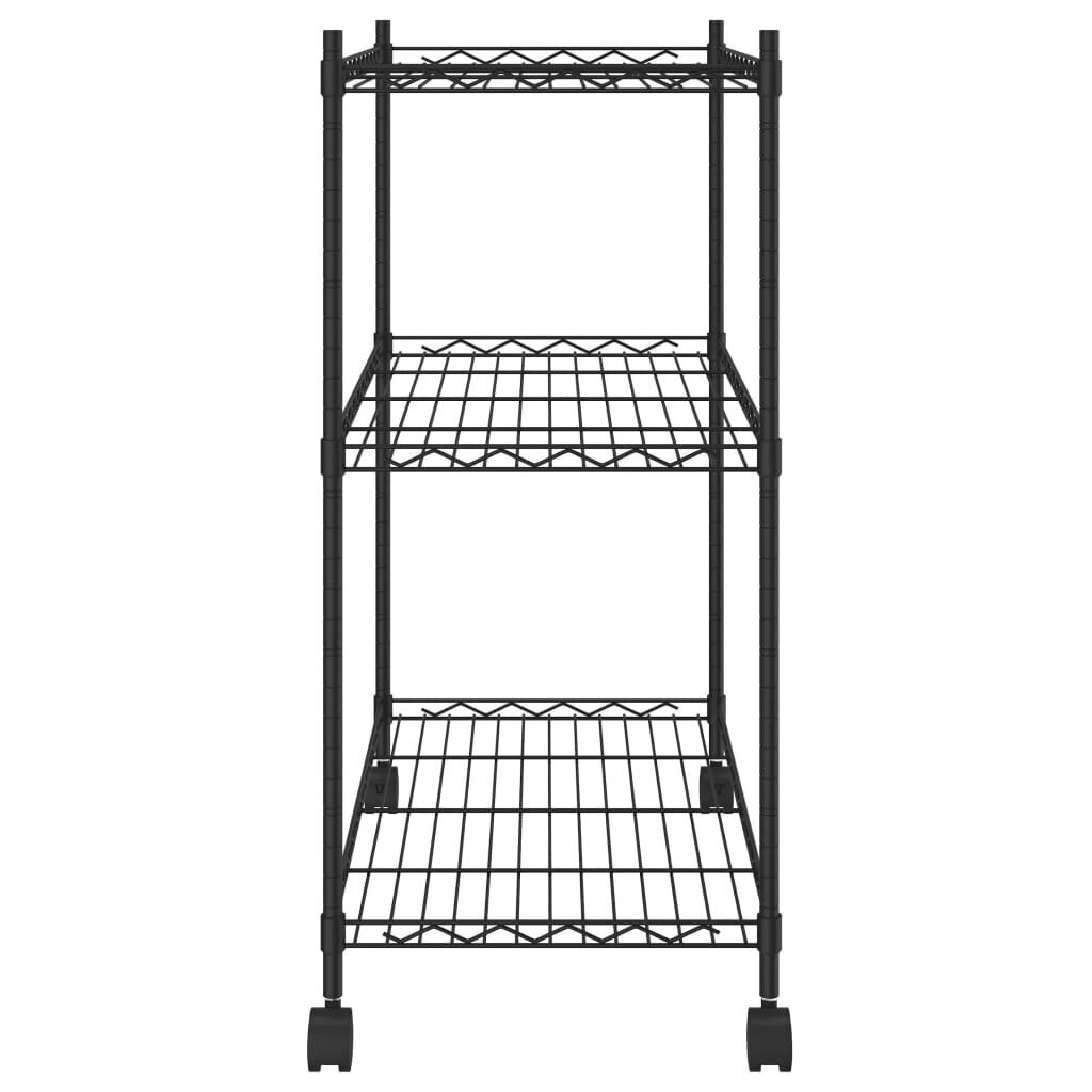 vidaXL 3 līmeņu glabāšanas plaukts ar riteņiem, melns, 60x35x81 cm cena un informācija | Saimniecības plaukti | 220.lv