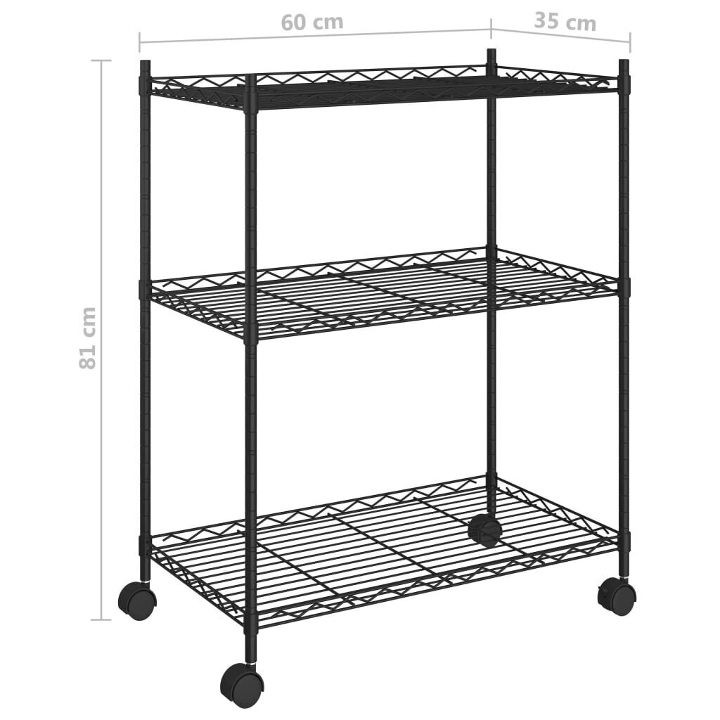 vidaXL 3 līmeņu glabāšanas plaukts ar riteņiem, melns, 60x35x81 cm cena un informācija | Saimniecības plaukti | 220.lv