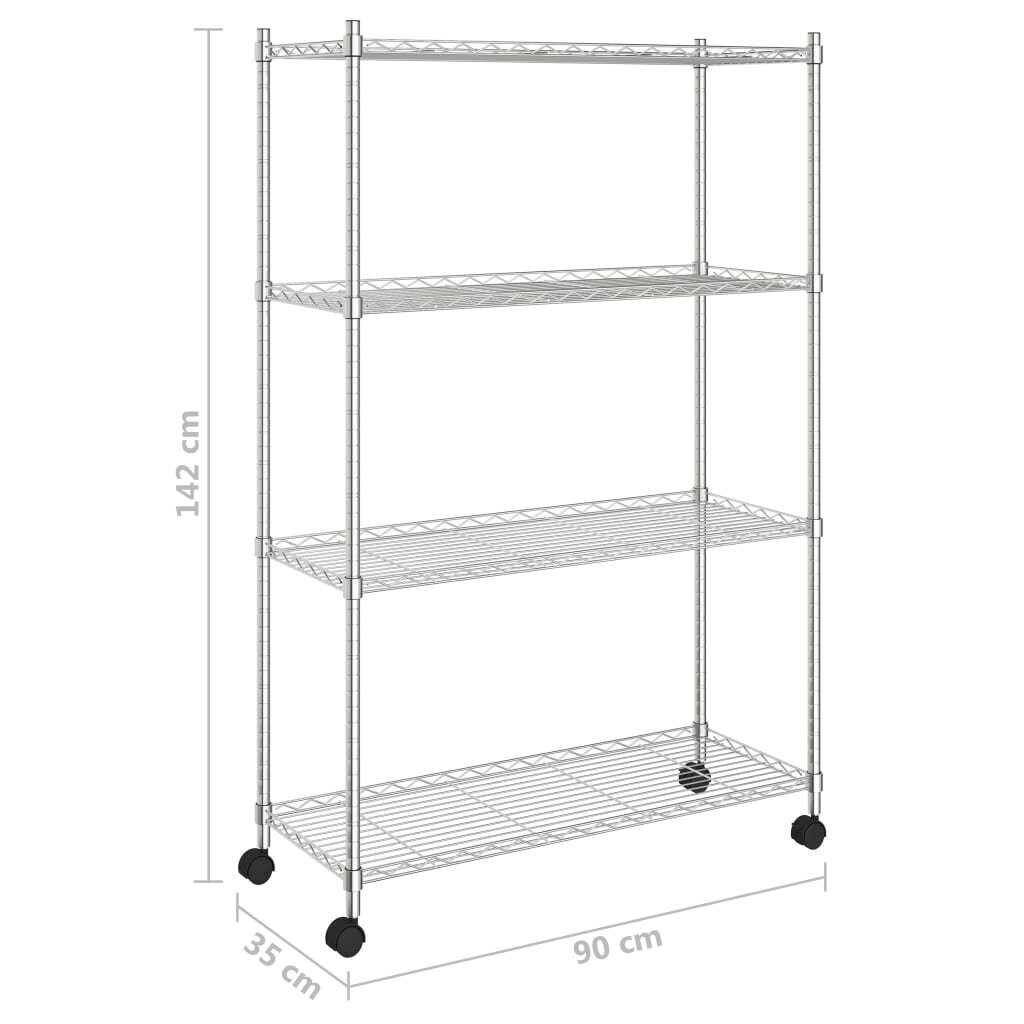 vidaXL 4 līmeņu glabāšanas plaukts ar riteņiem, 90x35x142 cm, hromēts cena un informācija | Saimniecības plaukti | 220.lv