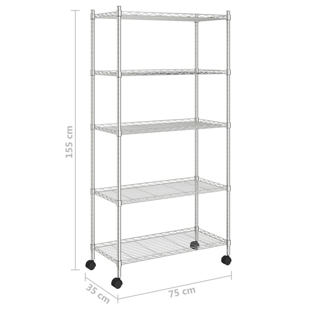 vidaXL 5 līmeņu glabāšanas plaukts ar riteņiem, 75x35x155 cm, hromēts cena un informācija | Saimniecības plaukti | 220.lv