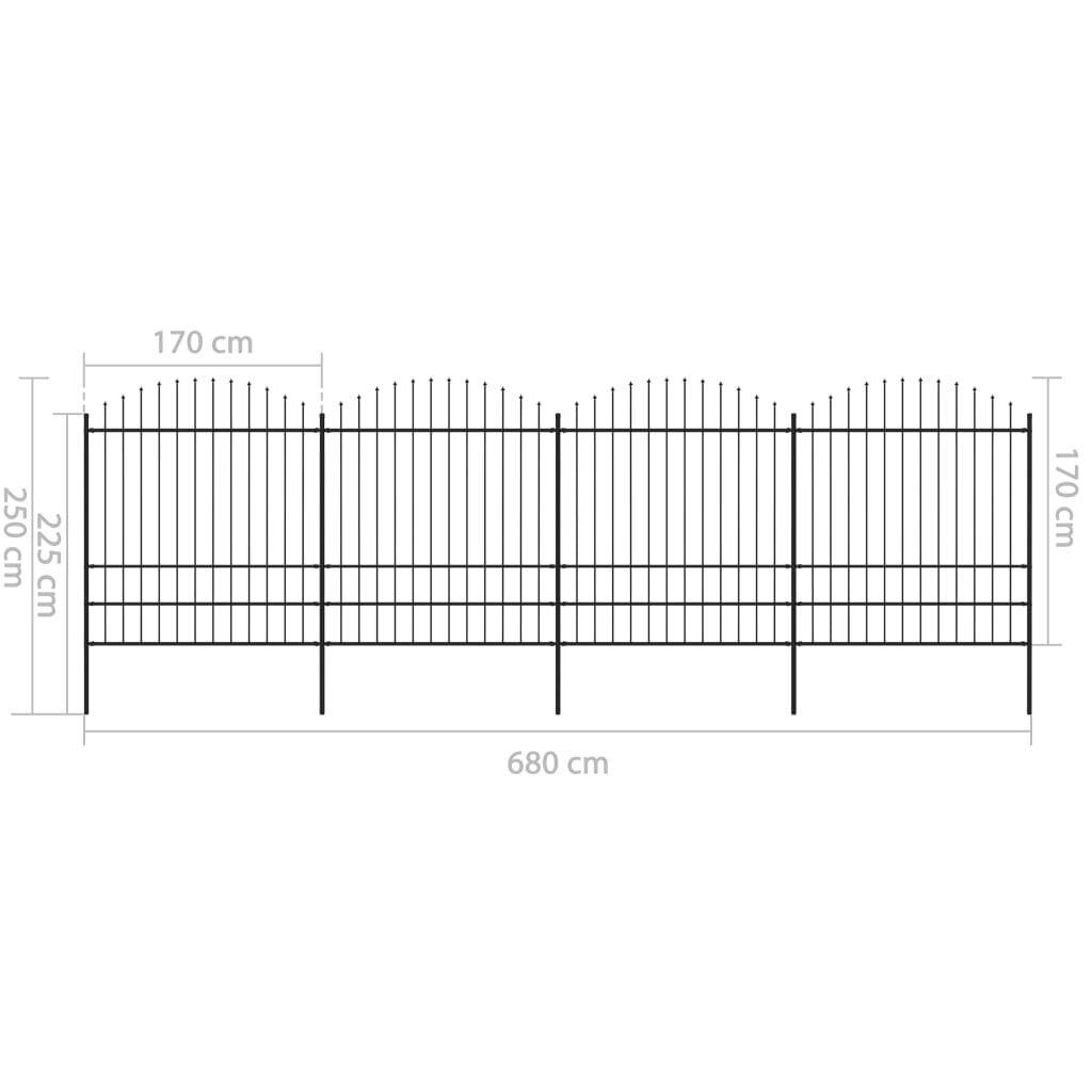 vidaXL dārza žogs ar pīķiem augšpusē, tērauds, (1,75-2)x6,8 m, melns цена и информация | Žogi un piederumi | 220.lv