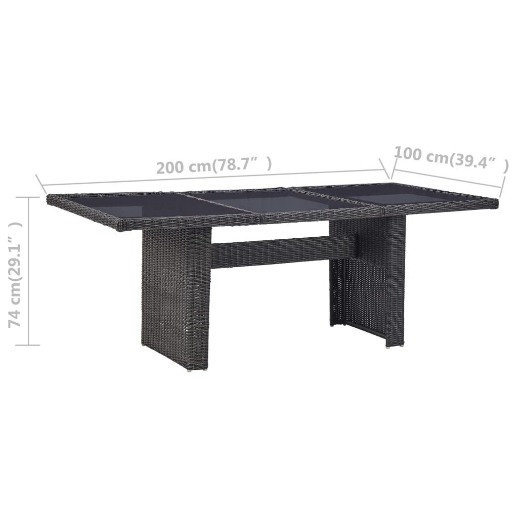 vidaXL dārza galds, 200x100x74 cm, melns, stikls un PE rotangpalma cena un informācija | Dārza galdi | 220.lv