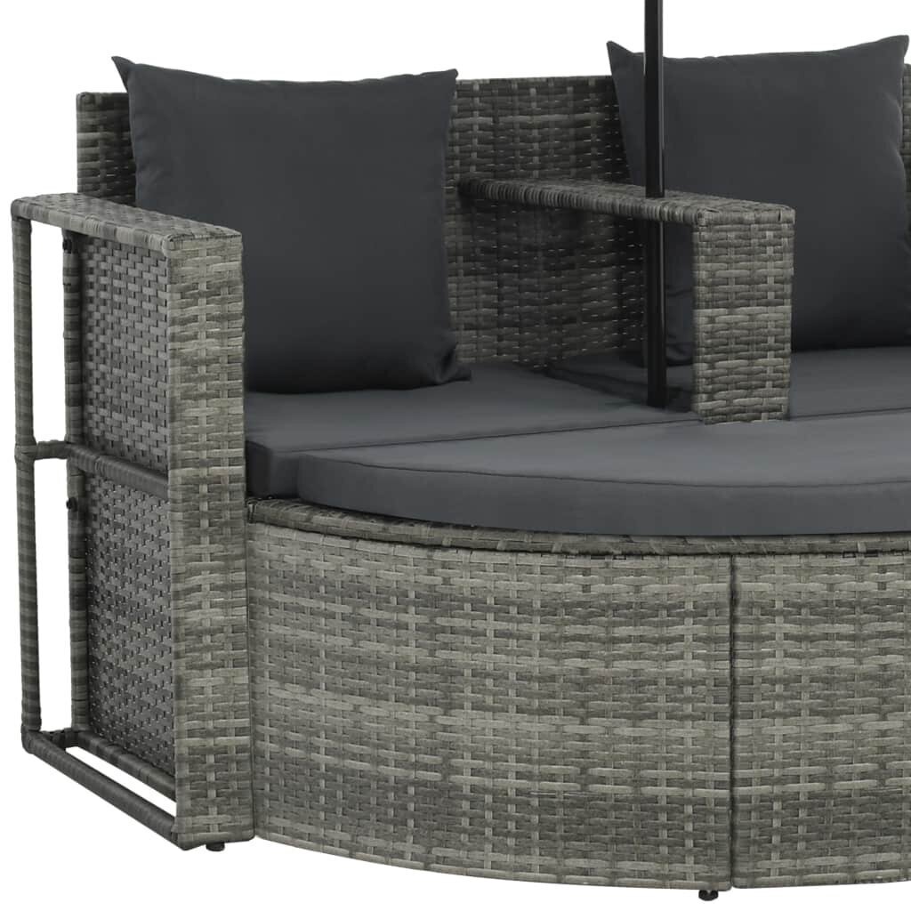 vidaXL divvietīgs dārza dīvāns ar matračiem un saulessargu, pelēks PE cena un informācija | Sauļošanās krēsli | 220.lv