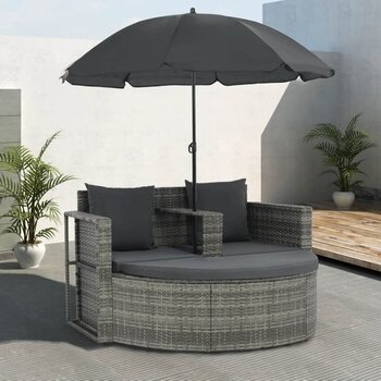 vidaXL divvietīgs dārza dīvāns ar matračiem un saulessargu, pelēks PE cena un informācija | Sauļošanās krēsli | 220.lv