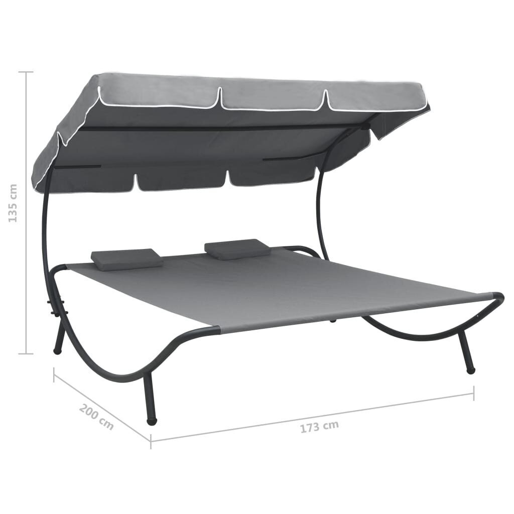 vidaXL dārza atpūtas gulta ar jumtu un spilveniem, pelēka cena un informācija | Sauļošanās krēsli | 220.lv