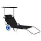 vidaXL sauļošanās zvilnis ar jumtiņu un riteņiem, tērauds, melns цена и информация | Sauļošanās krēsli | 220.lv