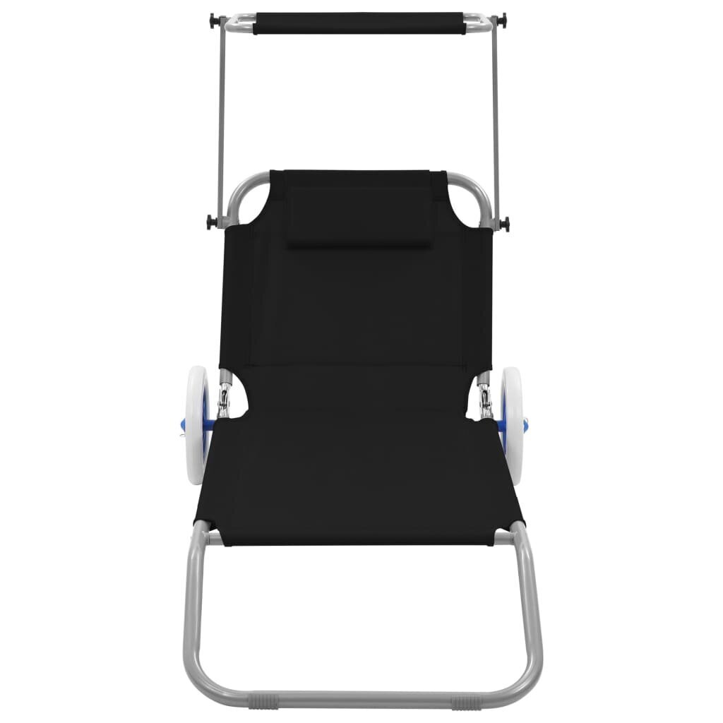 vidaXL sauļošanās zvilnis ar jumtiņu un riteņiem, tērauds, melns cena un informācija | Sauļošanās krēsli | 220.lv