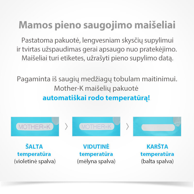 Mātes piena uzglabāšanas maisiņi Mother-K, 200 ml, 60 gab. cena un informācija | Bērnu trauki, piena uzglabāšanas trauciņi un piederumi | 220.lv