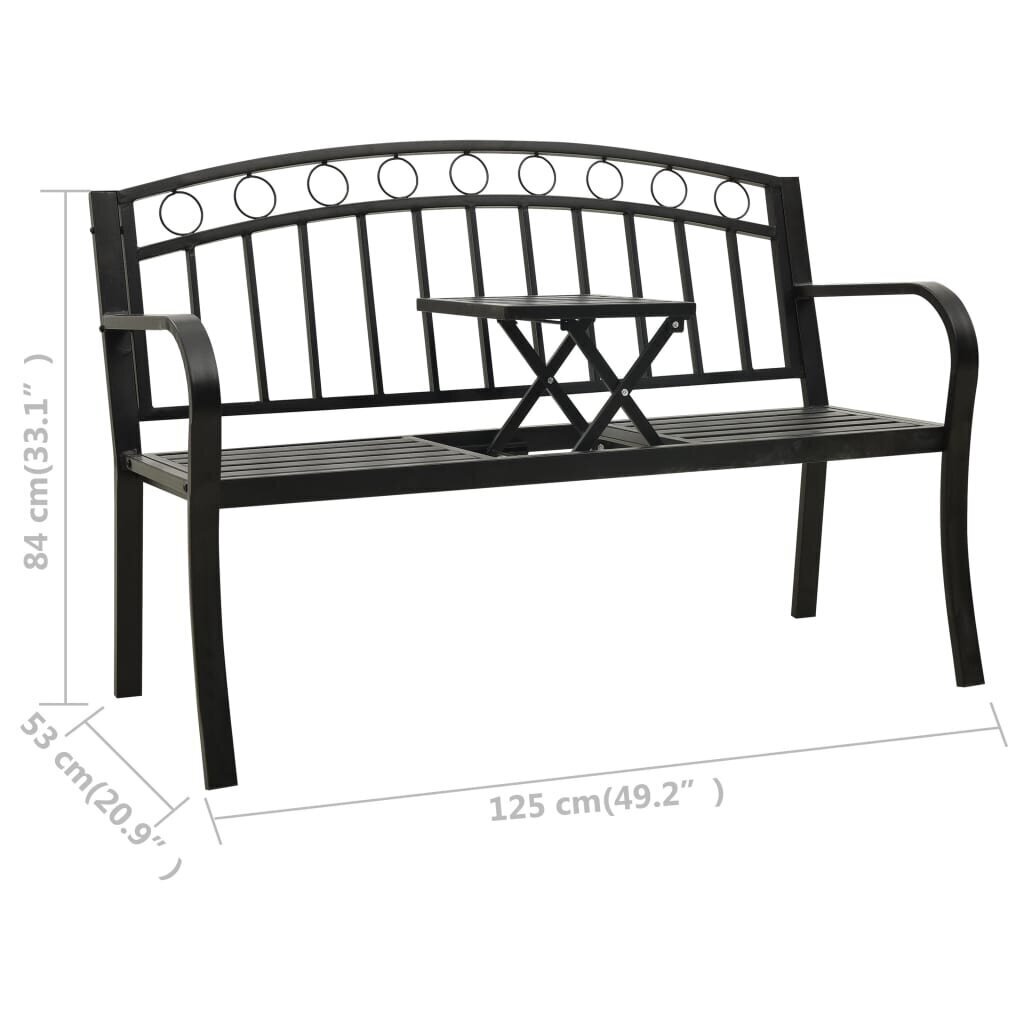 vidaXL dārza sols ar galdiņu, 125 cm, tērauds, melns цена и информация | Dārza soli | 220.lv