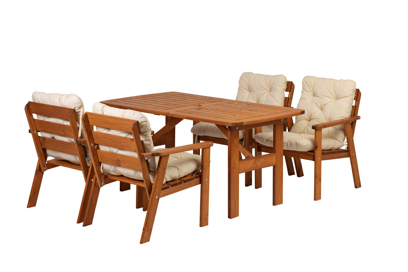 Brūns āra mēbeļu komplekts - galds un 4 krēsli ar gaiši bēšiem spilveniem, ražots Lietuvā цена и информация | Dārza mēbeļu komplekti | 220.lv